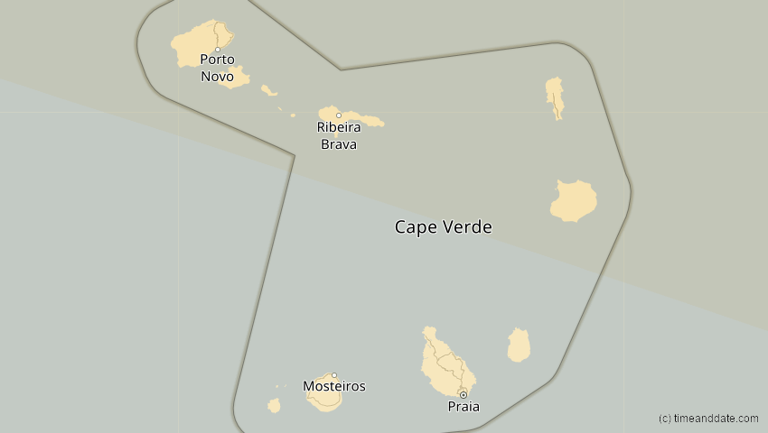 A map of Cabo Verde, showing the path of the 11. Mai 2078 Totale Sonnenfinsternis