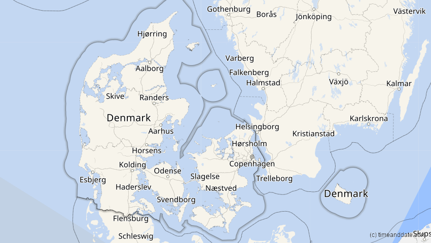 A map of Dänemark, showing the path of the 11. Mai 2078 Totale Sonnenfinsternis