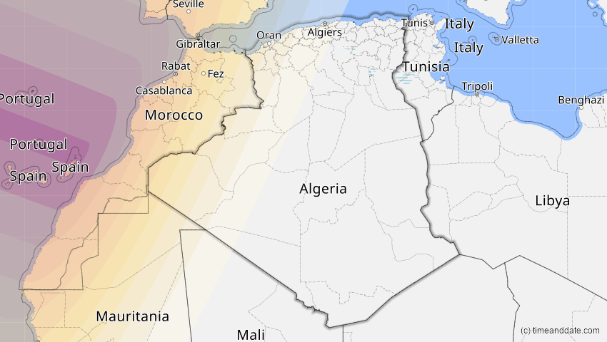 A map of Algerien, showing the path of the 11. Mai 2078 Totale Sonnenfinsternis