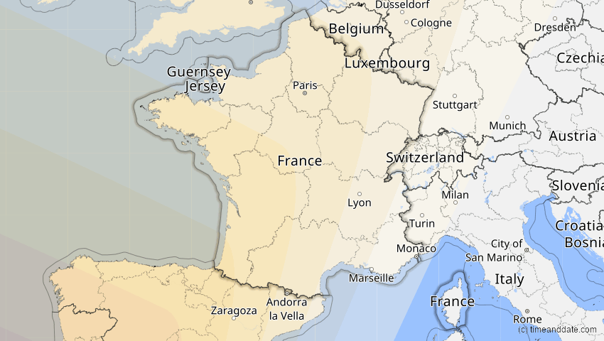 A map of Frankreich, showing the path of the 11. Mai 2078 Totale Sonnenfinsternis