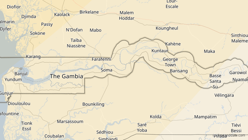 A map of Gambia, showing the path of the 11. Mai 2078 Totale Sonnenfinsternis