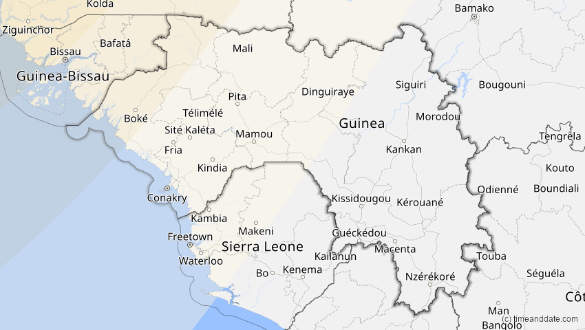 A map of Guinea, showing the path of the 11. Mai 2078 Totale Sonnenfinsternis