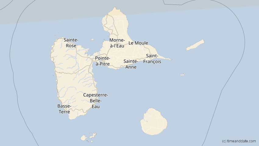A map of Guadeloupe, showing the path of the 11. Mai 2078 Totale Sonnenfinsternis