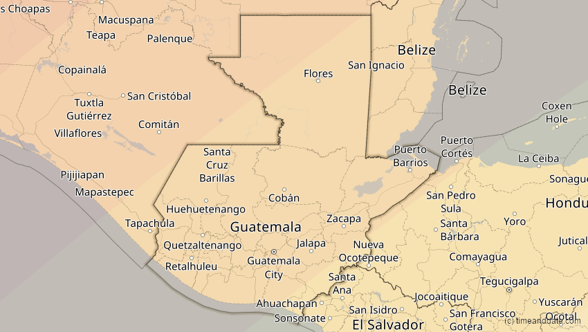 A map of Guatemala, showing the path of the 11. Mai 2078 Totale Sonnenfinsternis