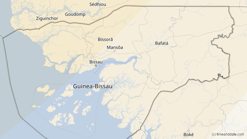 A map of Guinea-Bissau, showing the path of the 11. Mai 2078 Totale Sonnenfinsternis
