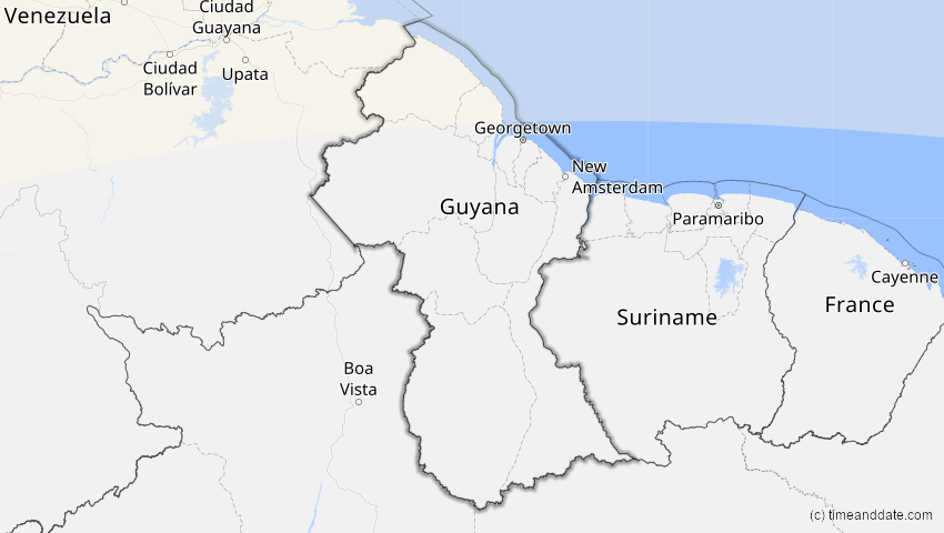 A map of Guyana, showing the path of the 11. Mai 2078 Totale Sonnenfinsternis