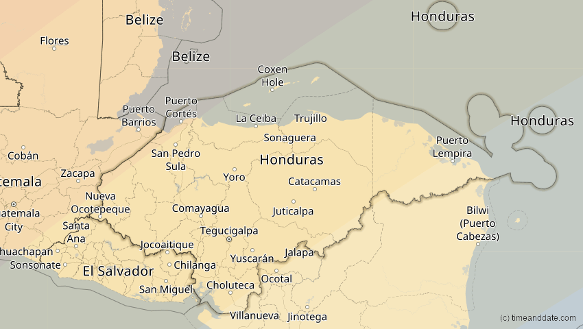 A map of Honduras, showing the path of the 11. Mai 2078 Totale Sonnenfinsternis