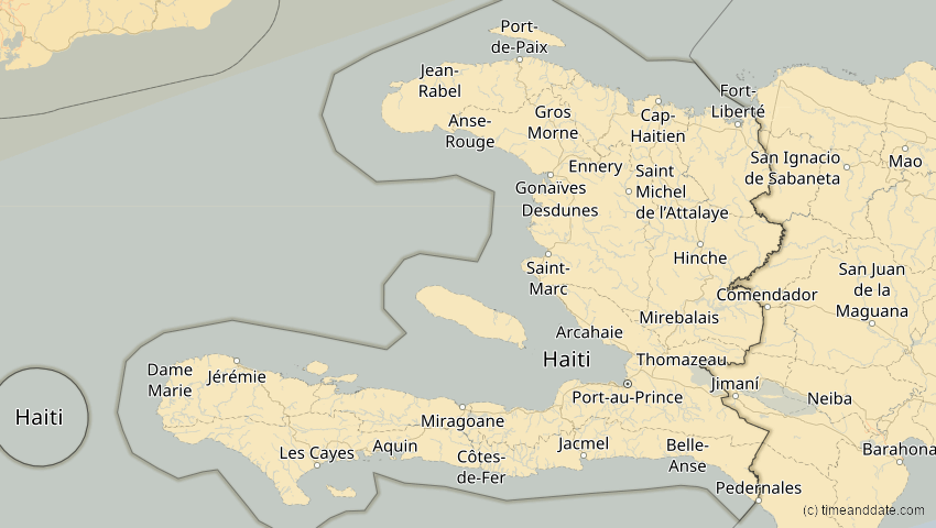 A map of Haiti, showing the path of the 11. Mai 2078 Totale Sonnenfinsternis