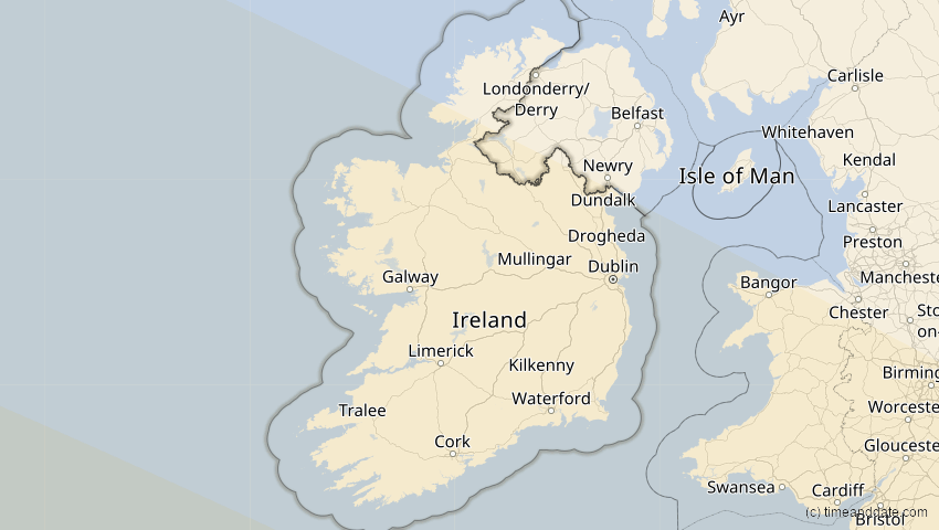A map of Irland, showing the path of the 11. Mai 2078 Totale Sonnenfinsternis