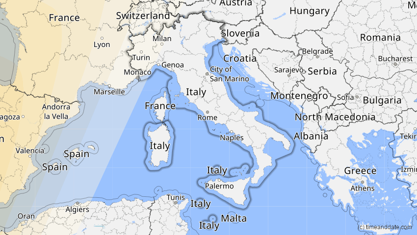 A map of Italien, showing the path of the 11. Mai 2078 Totale Sonnenfinsternis