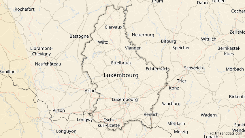 A map of Luxemburg, showing the path of the 11. Mai 2078 Totale Sonnenfinsternis