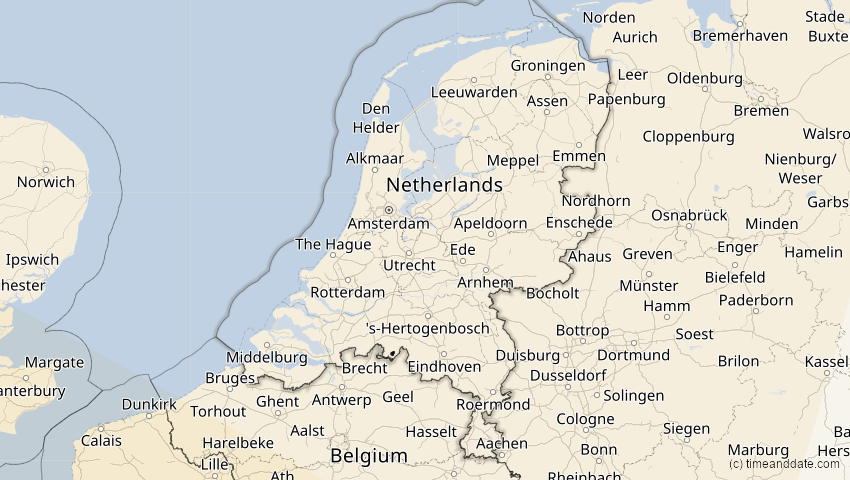 A map of Niederlande, showing the path of the 11. Mai 2078 Totale Sonnenfinsternis