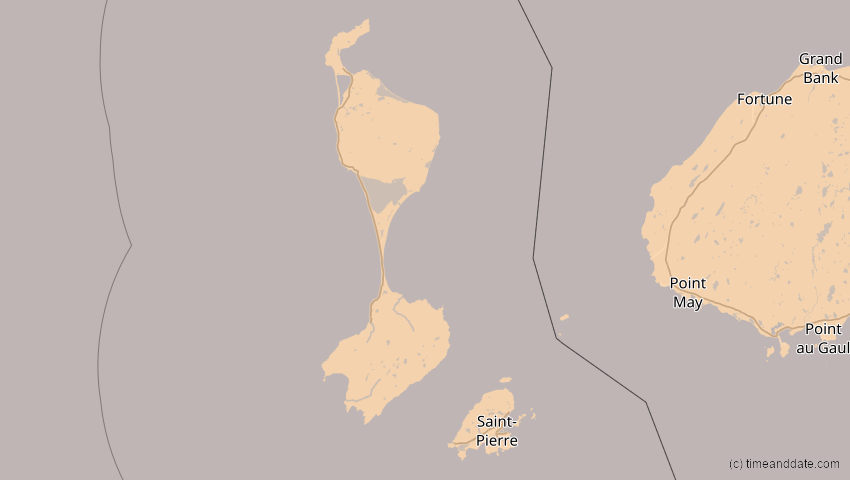 A map of Saint-Pierre und Miquelon, showing the path of the 11. Mai 2078 Totale Sonnenfinsternis