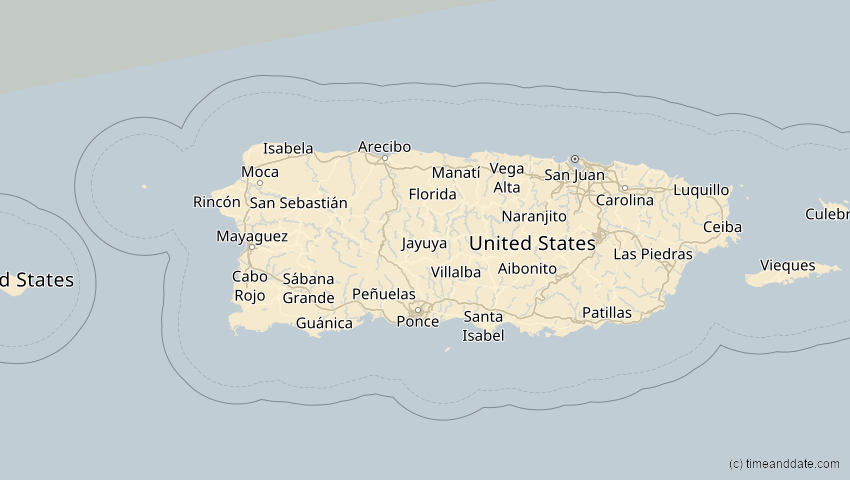 A map of Puerto Rico, showing the path of the 11. Mai 2078 Totale Sonnenfinsternis