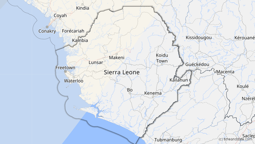 A map of Sierra Leone, showing the path of the 11. Mai 2078 Totale Sonnenfinsternis