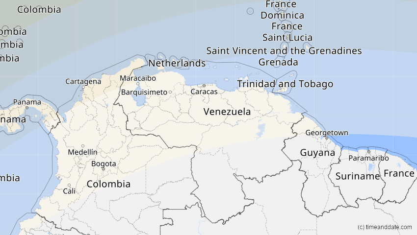 A map of Venezuela, showing the path of the 11. Mai 2078 Totale Sonnenfinsternis
