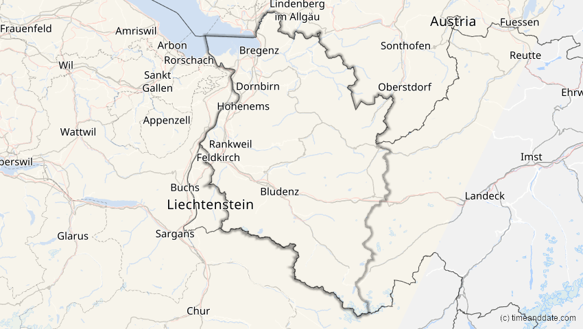 A map of Vorarlberg, Österreich, showing the path of the 11. Mai 2078 Totale Sonnenfinsternis