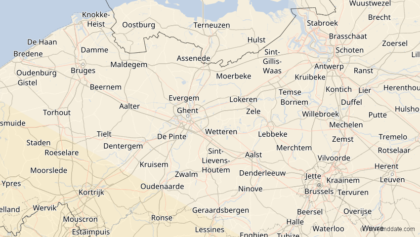 A map of Ostflandern, Belgien, showing the path of the 11. Mai 2078 Totale Sonnenfinsternis