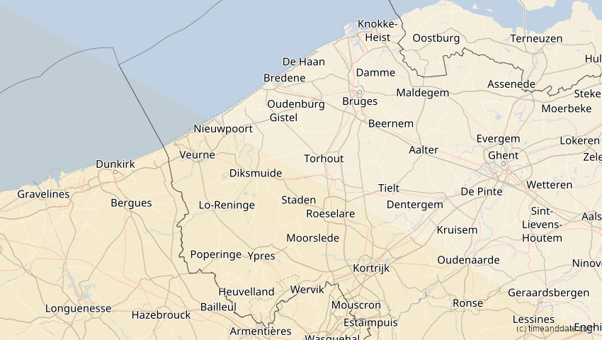 A map of Westflandern, Belgien, showing the path of the 11. Mai 2078 Totale Sonnenfinsternis