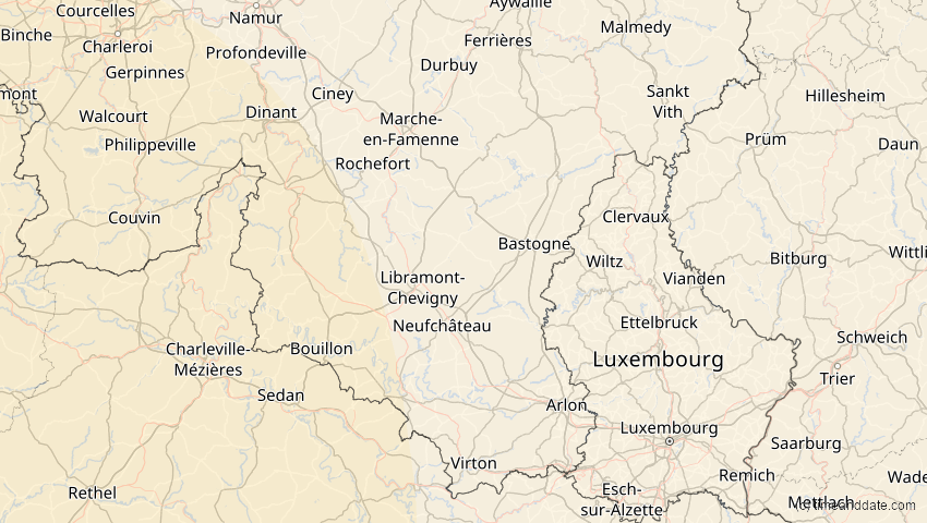 A map of Luxemburg, Belgien, showing the path of the 11. Mai 2078 Totale Sonnenfinsternis