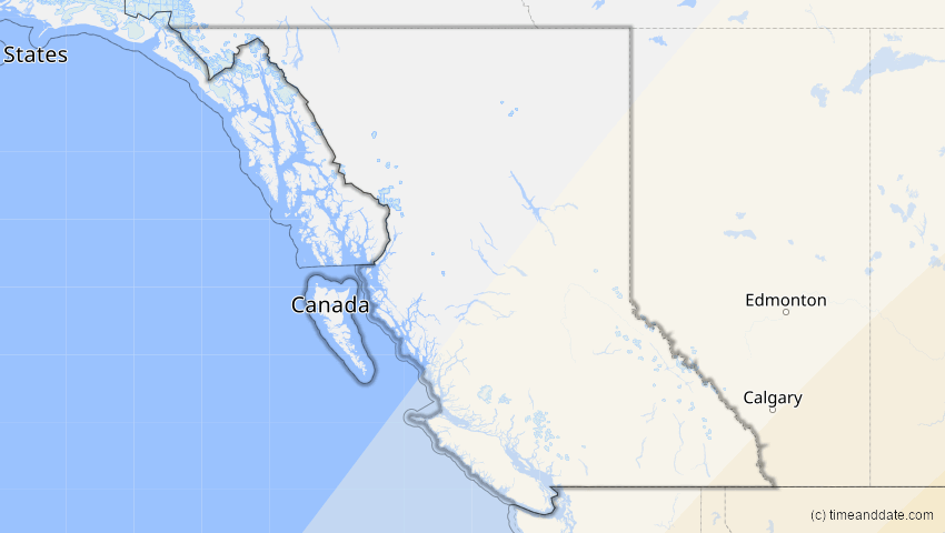 A map of British Columbia, Kanada, showing the path of the 11. Mai 2078 Totale Sonnenfinsternis