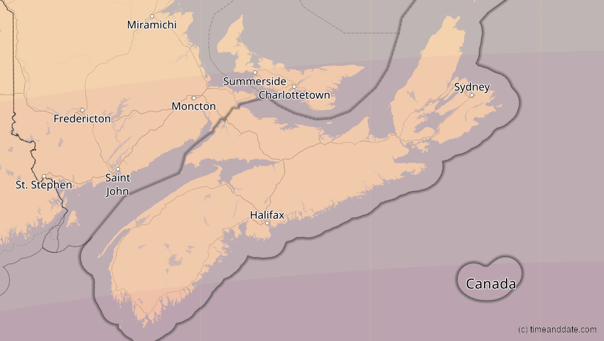 A map of Nova Scotia, Kanada, showing the path of the 11. Mai 2078 Totale Sonnenfinsternis