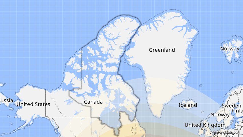 A map of Nunavut, Kanada, showing the path of the 11. Mai 2078 Totale Sonnenfinsternis