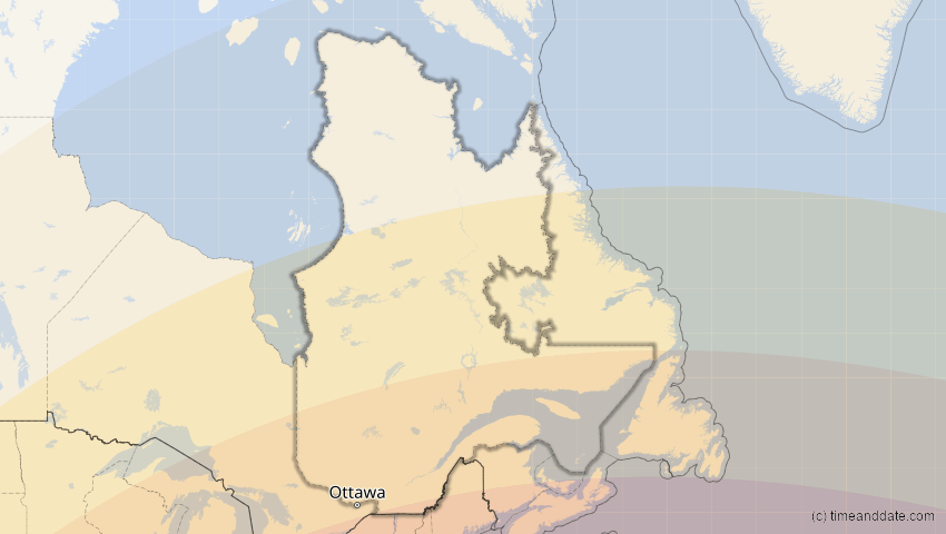 A map of Québec, Kanada, showing the path of the 11. Mai 2078 Totale Sonnenfinsternis
