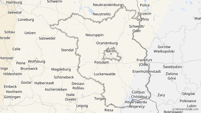 A map of Brandenburg, Deutschland, showing the path of the 11. Mai 2078 Totale Sonnenfinsternis