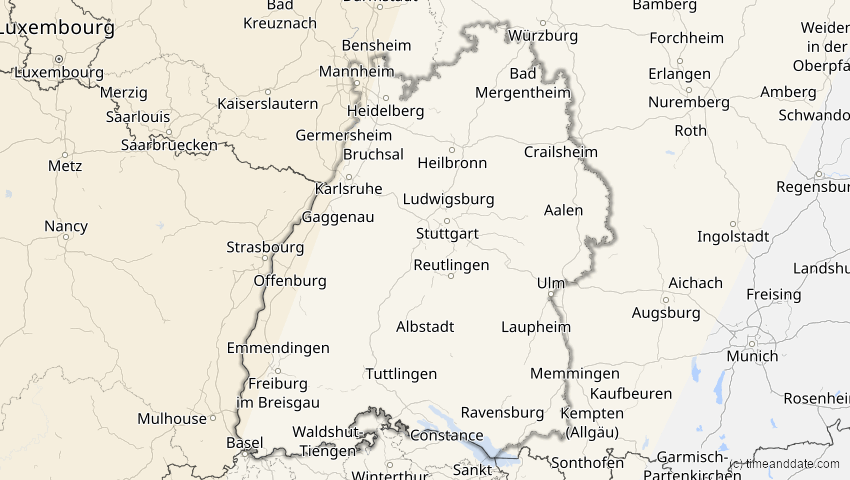 A map of Baden-Württemberg, Deutschland, showing the path of the 11. Mai 2078 Totale Sonnenfinsternis