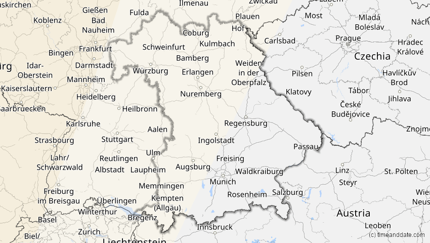 A map of Bayern, Deutschland, showing the path of the 11. Mai 2078 Totale Sonnenfinsternis
