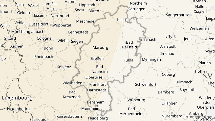 A map of Hessen, Deutschland, showing the path of the 11. Mai 2078 Totale Sonnenfinsternis