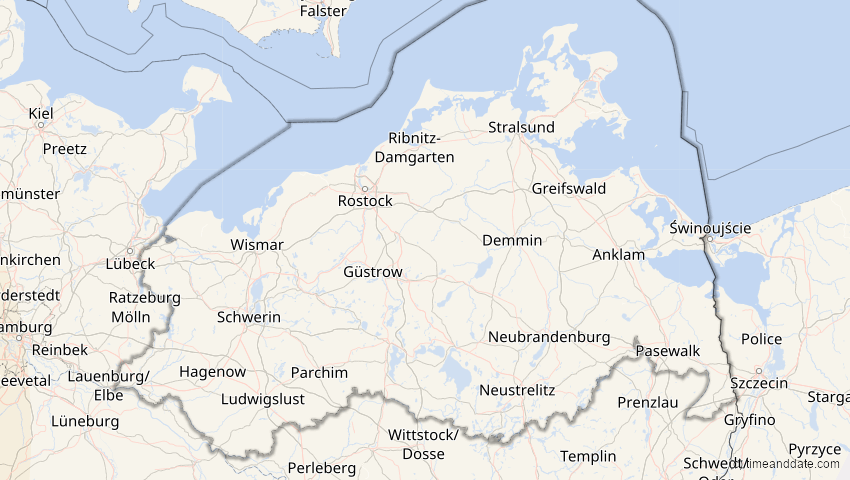 A map of Mecklenburg-Vorpommern, Deutschland, showing the path of the 11. Mai 2078 Totale Sonnenfinsternis