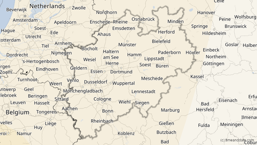 A map of Nordrhein-Westfalen, Deutschland, showing the path of the 11. Mai 2078 Totale Sonnenfinsternis