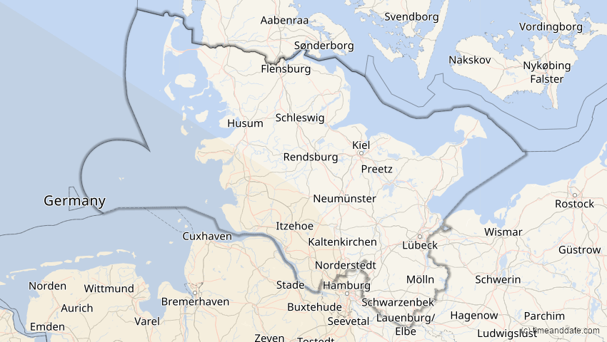 A map of Schleswig-Holstein, Deutschland, showing the path of the 11. Mai 2078 Totale Sonnenfinsternis