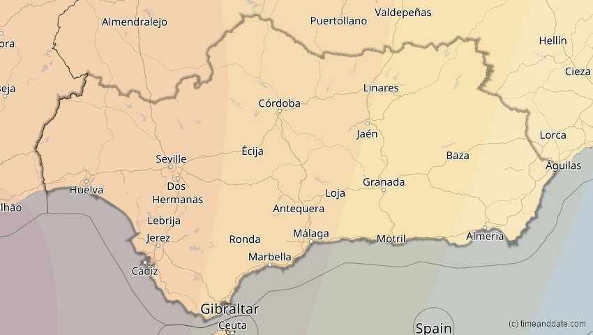 A map of Andalusien, Spanien, showing the path of the 11. Mai 2078 Totale Sonnenfinsternis