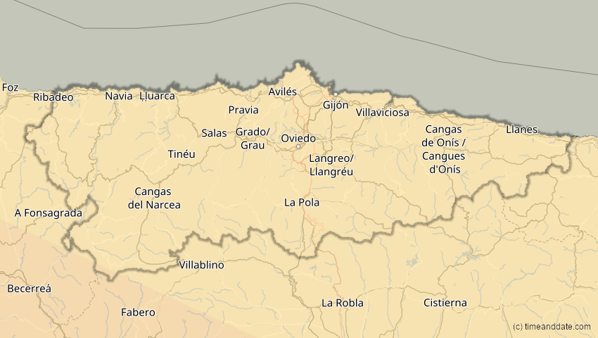 A map of Asturien, Spanien, showing the path of the 11. Mai 2078 Totale Sonnenfinsternis