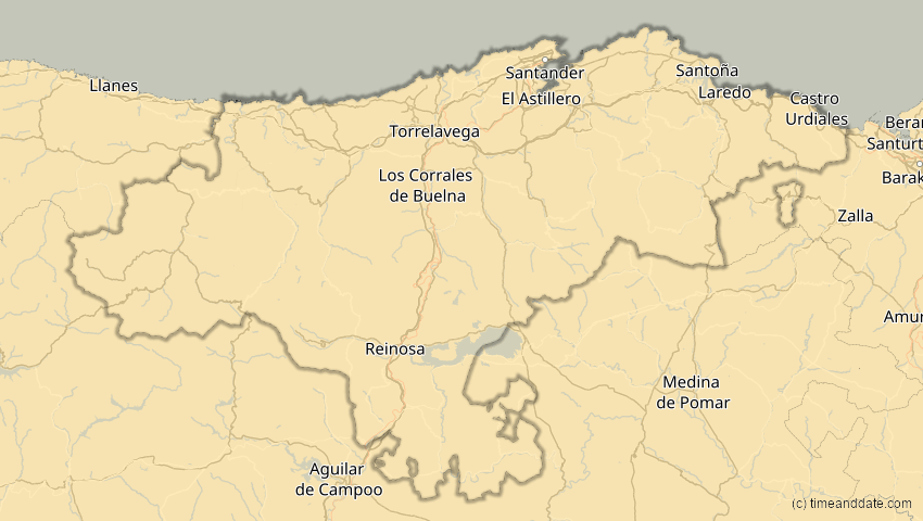 A map of Kantabrien, Spanien, showing the path of the 11. Mai 2078 Totale Sonnenfinsternis