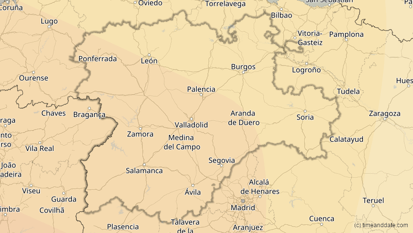 A map of Kastilien und León, Spanien, showing the path of the 11. Mai 2078 Totale Sonnenfinsternis