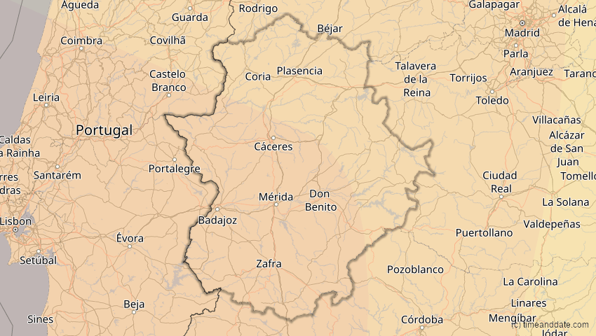 A map of Extremadura, Spanien, showing the path of the 11. Mai 2078 Totale Sonnenfinsternis