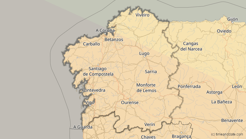 A map of Galicien, Spanien, showing the path of the 11. Mai 2078 Totale Sonnenfinsternis