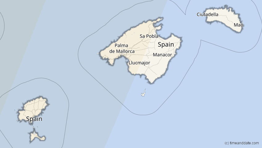 A map of Balearische Inseln, Spanien, showing the path of the 11. Mai 2078 Totale Sonnenfinsternis