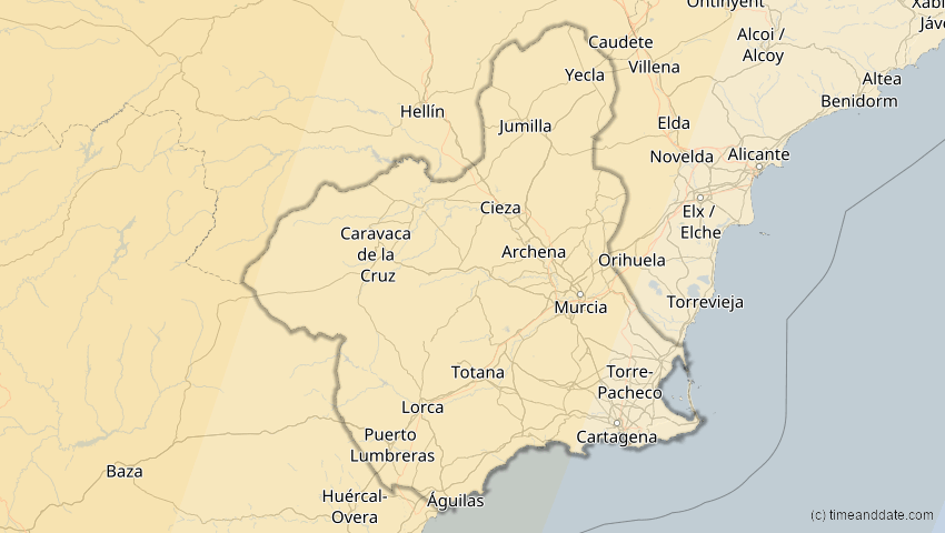 A map of Murcia, Spanien, showing the path of the 11. Mai 2078 Totale Sonnenfinsternis