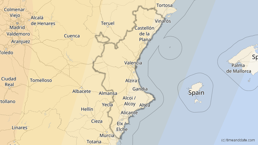 A map of Valencia, Spanien, showing the path of the 11. Mai 2078 Totale Sonnenfinsternis