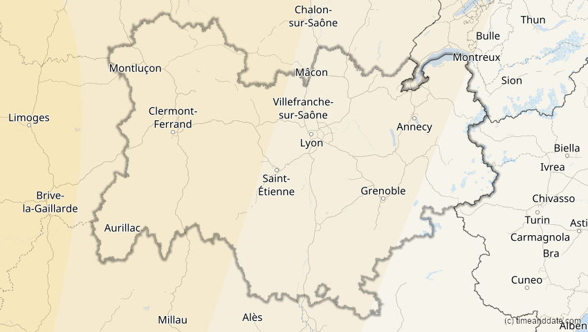 A map of Auvergne-Rhône-Alpes, Frankreich, showing the path of the 11. Mai 2078 Totale Sonnenfinsternis