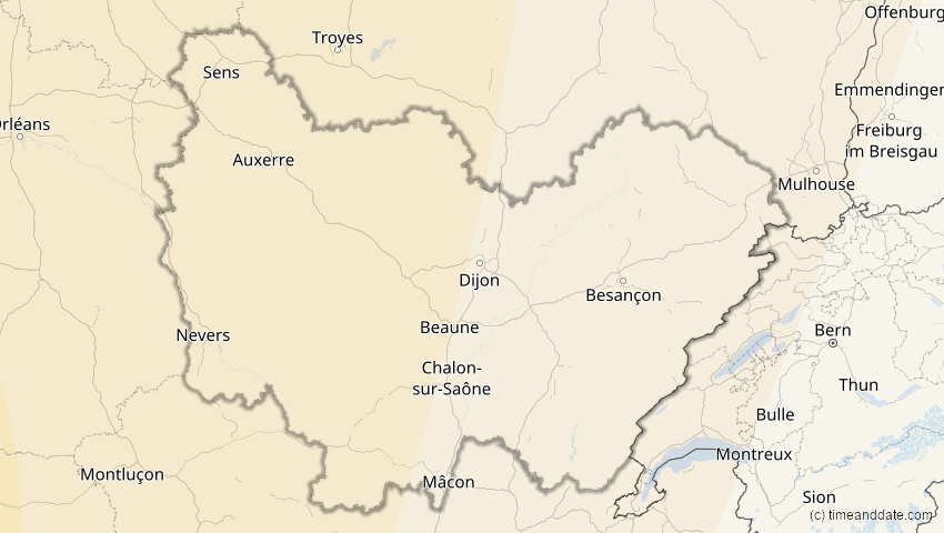 A map of Bourgogne-Franche-Comté, Frankreich, showing the path of the 11. Mai 2078 Totale Sonnenfinsternis