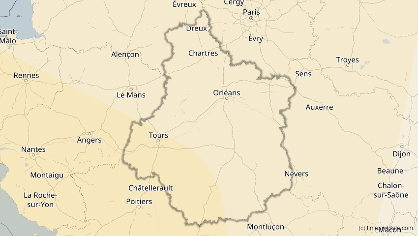 A map of Centre-Val de Loire, Frankreich, showing the path of the 11. Mai 2078 Totale Sonnenfinsternis