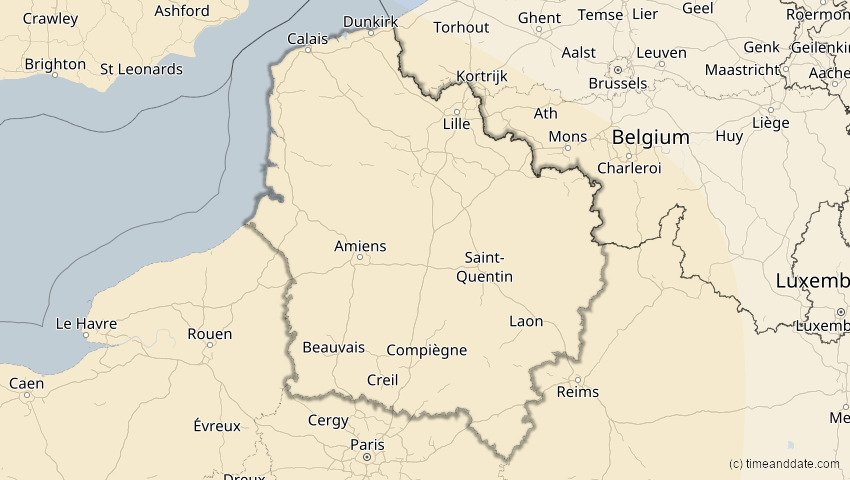 A map of Hauts-de-France, Frankreich, showing the path of the 11. Mai 2078 Totale Sonnenfinsternis