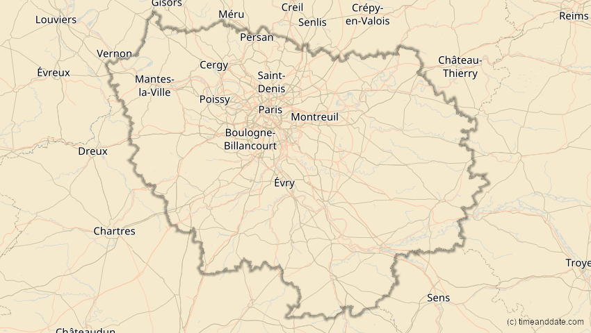 A map of Île-de-France, Frankreich, showing the path of the 11. Mai 2078 Totale Sonnenfinsternis