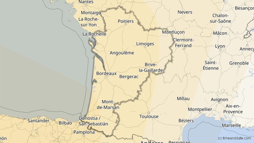 A map of Nouvelle-Aquitaine, Frankreich, showing the path of the 11. Mai 2078 Totale Sonnenfinsternis